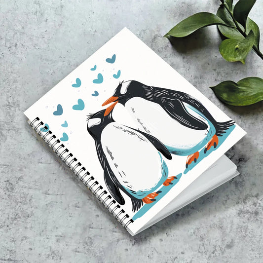 1pc deluxe spiral bound notebook, suitable for daily office use, size 5.5 × 8.3 inches, 50 pages, cover two penguins and heart