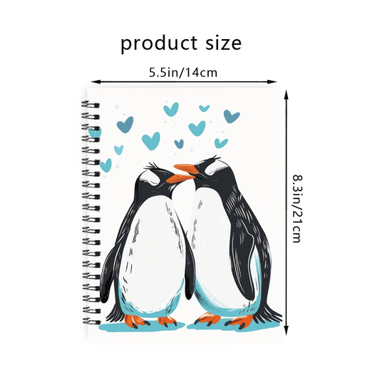 1pc deluxe spiral bound notebook, suitable for daily office use, size 5.5 × 8.3 inches, 50 pages, cover two penguins and heart